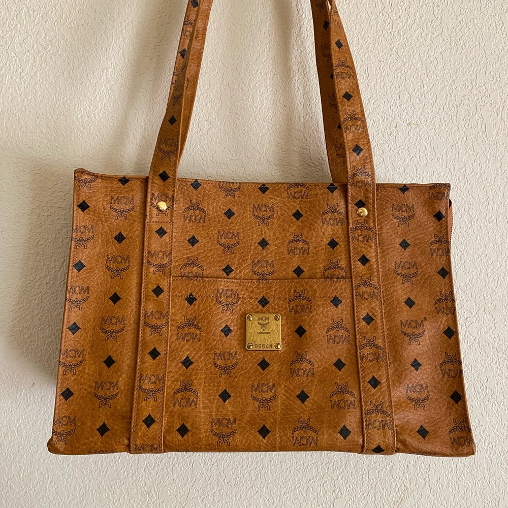 MCM VIESTOS LEATHER TOTE BAG Cognac Monogram in EUC